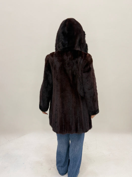 Cappotto con cappuccio doppia lavorazione visone mogano e nero