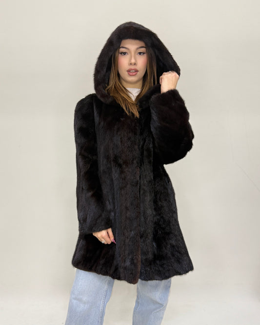 Cappotto di Visone marrone dark con cappuccio