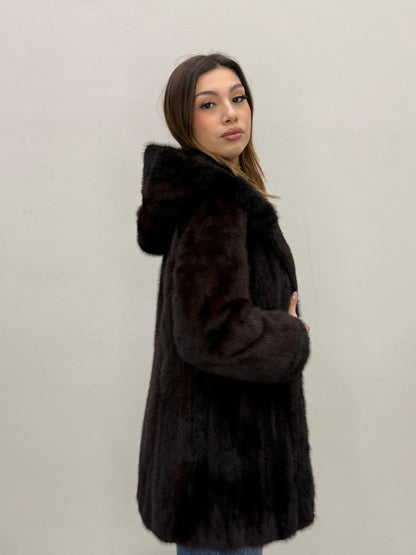 Cappotto con cappuccio doppia lavorazione visone mogano e nero