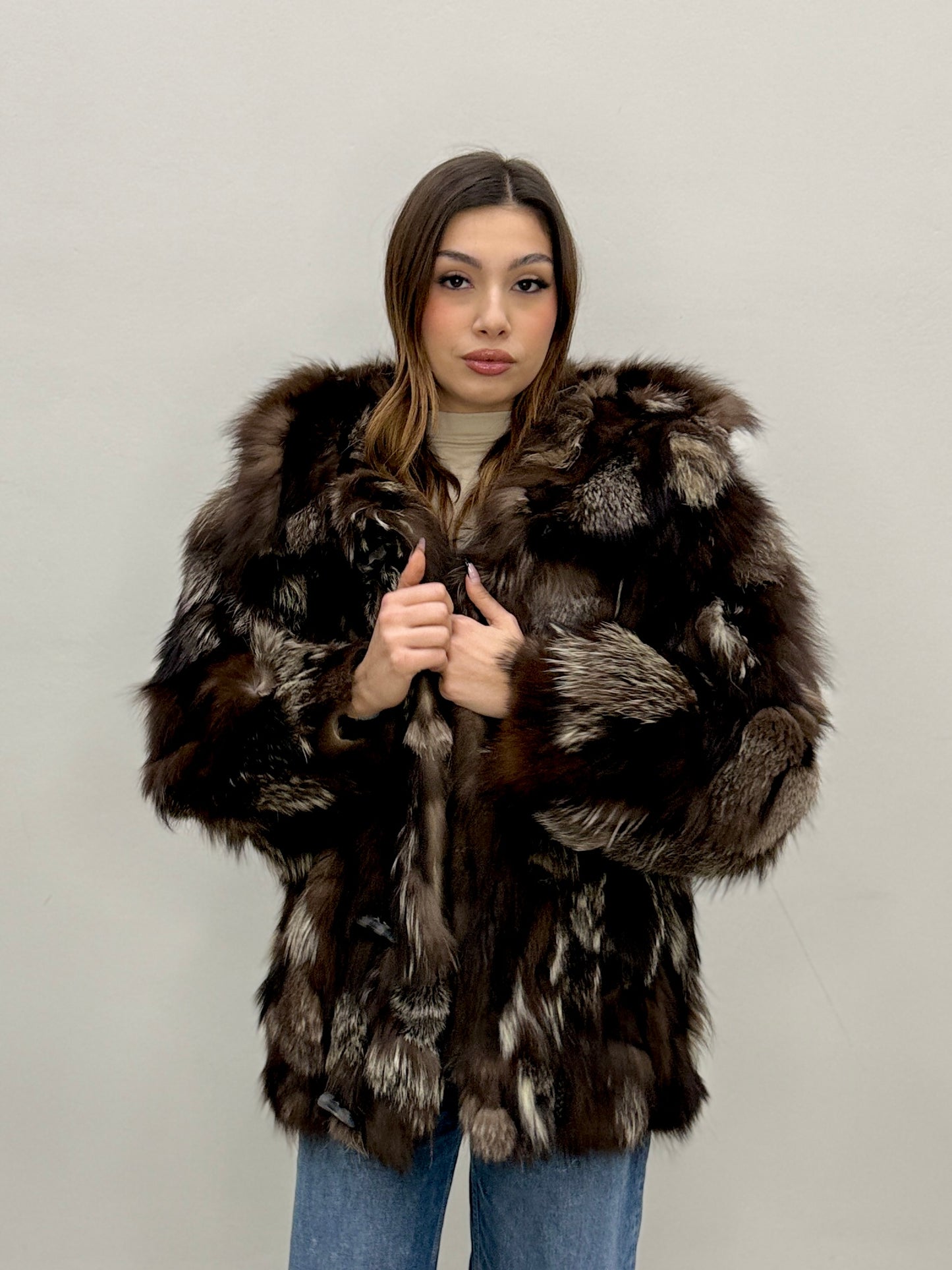 Cappotto in Volpe argentata con cappuccio