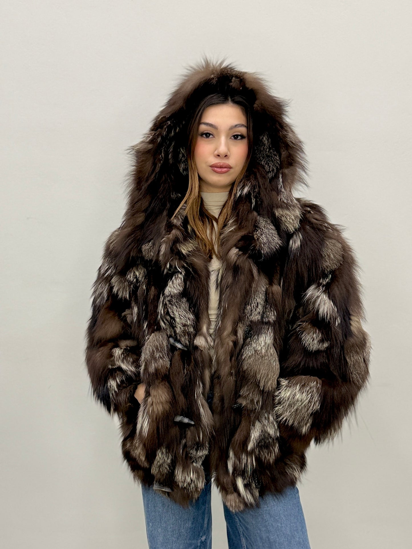 Cappotto in Volpe argentata con cappuccio