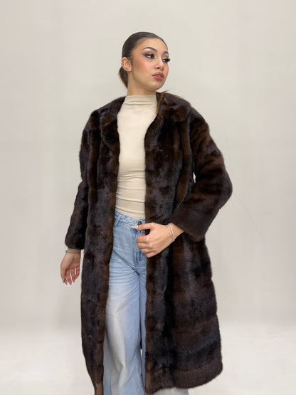 Cappotto di visone con cintura lavorazione orizzontale