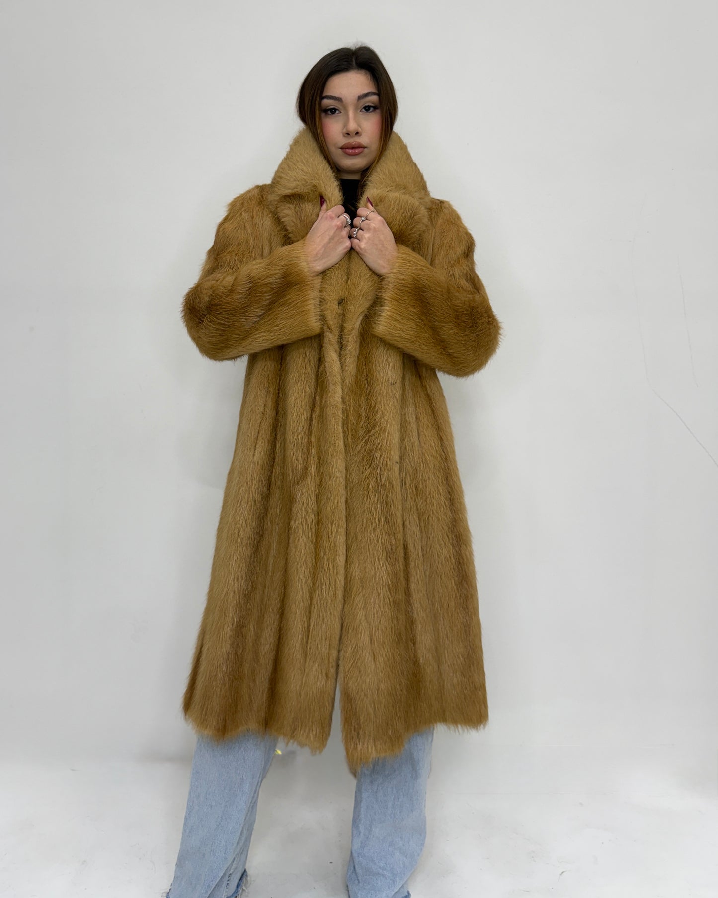 Cappotto lungo in castorino miele visonato